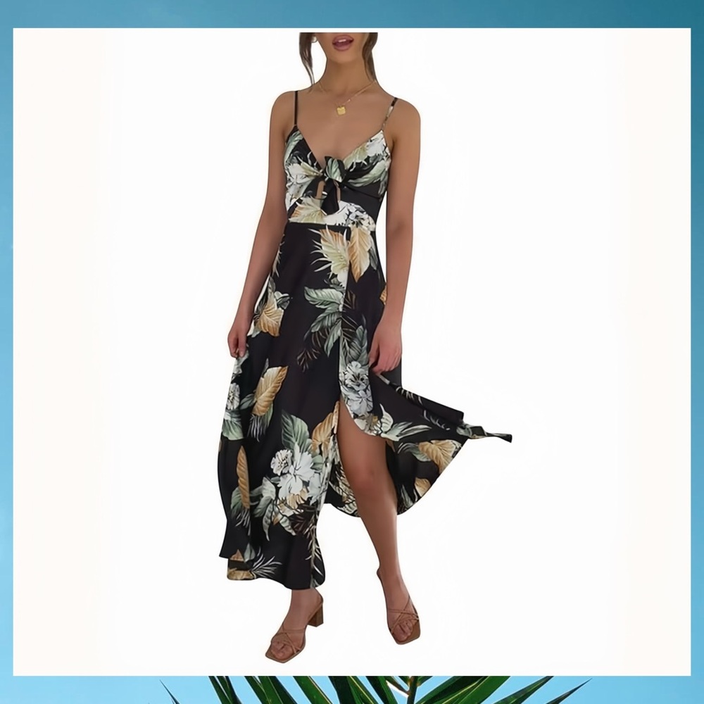 🌻 Fashionme Tropical Satin Midi Dress - Size Small